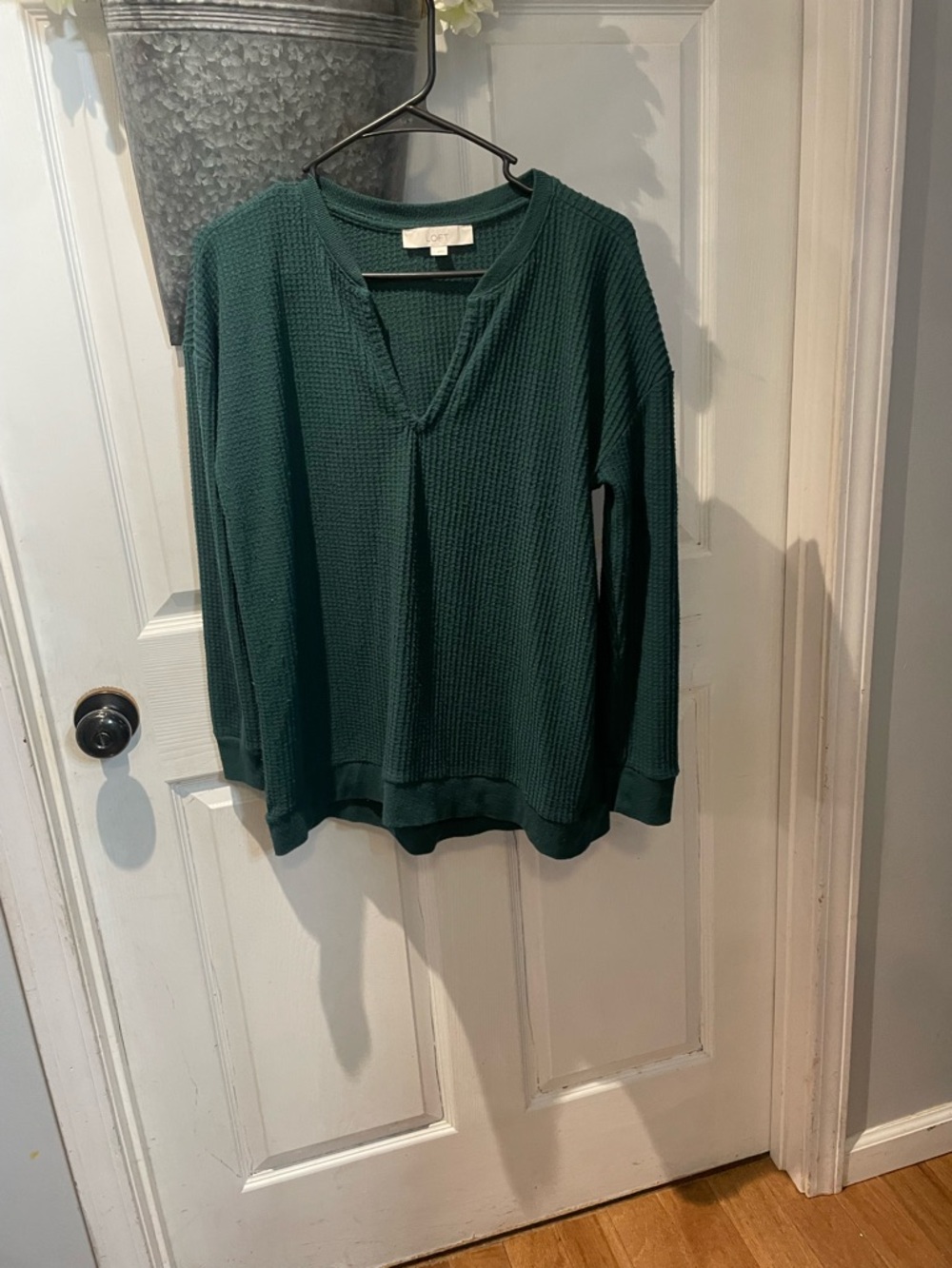 LOFT Dark Green Waffle Knit V-Neck Pullover